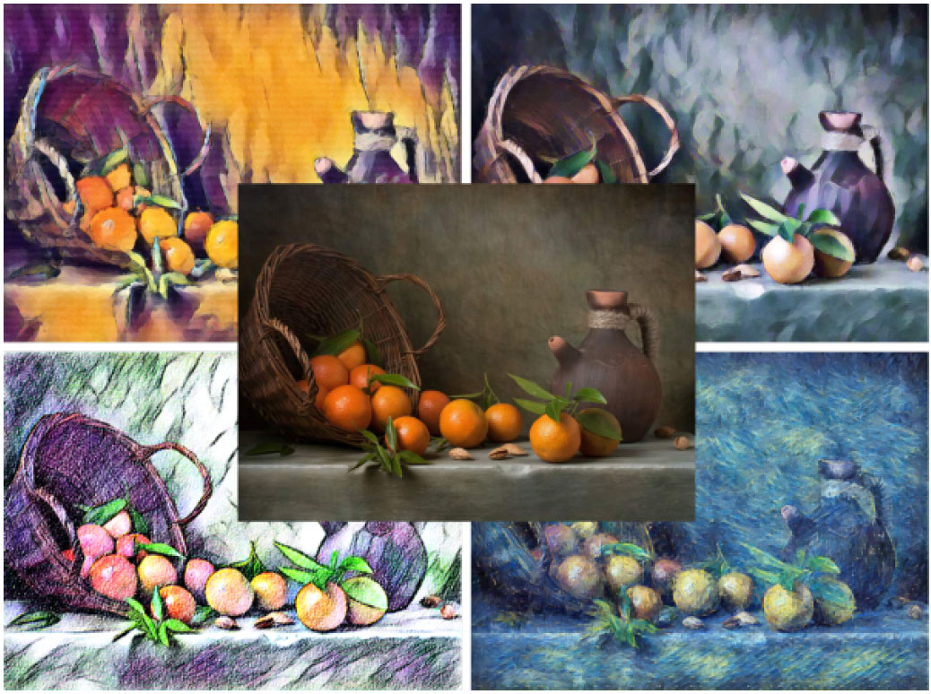  A photo is in the center, and around it are four paintings converted from this photo in four different styles  